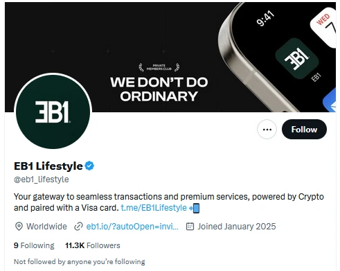 The EB1 Lifestyle profile, with its branded header, project description and published posts.
